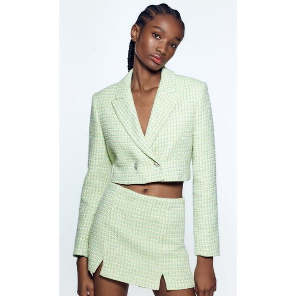 ZARA XS Light Green Tweed Cropped Jacket Notched Collar Summer Weight - Picture 3 of 15